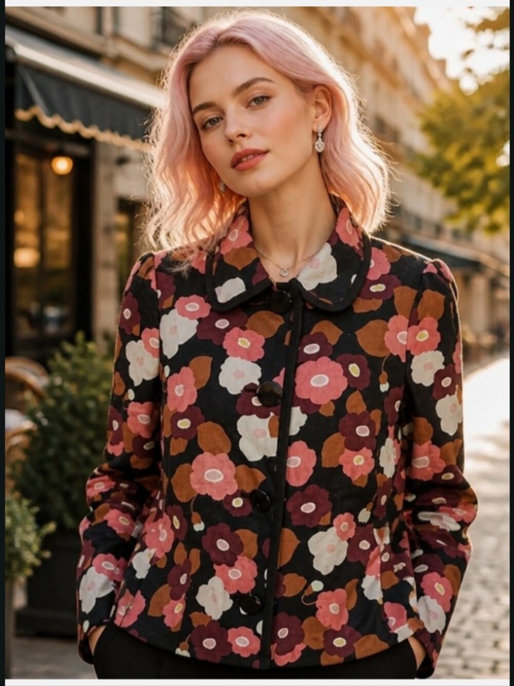 kate spade Black Floral Blazer with Pink, Cream & Brown Blooms